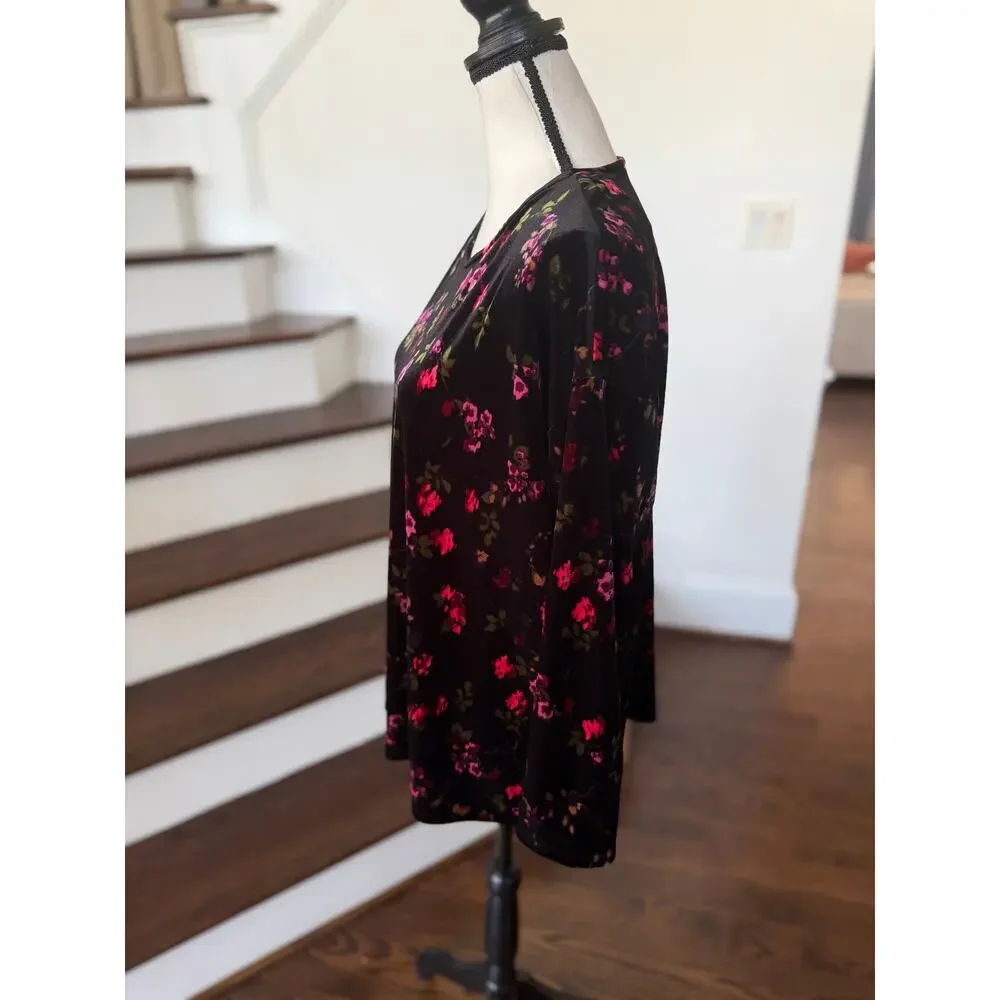 J.Jill Black Crushed Velvet Pink Floral Print Long Sleeve Crewneck T-Shirt